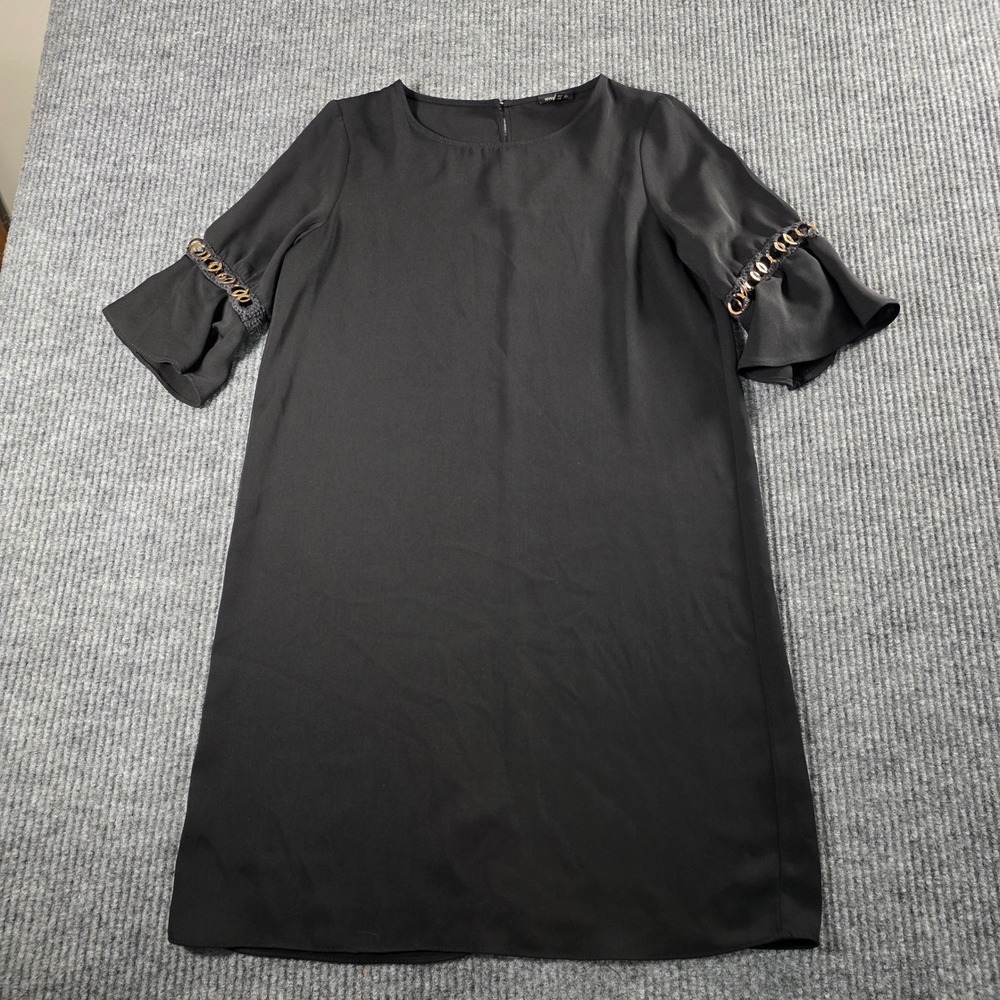 River‎ Island Black Bell Sleeve Shift Dress Gold Ring Detail Size 10